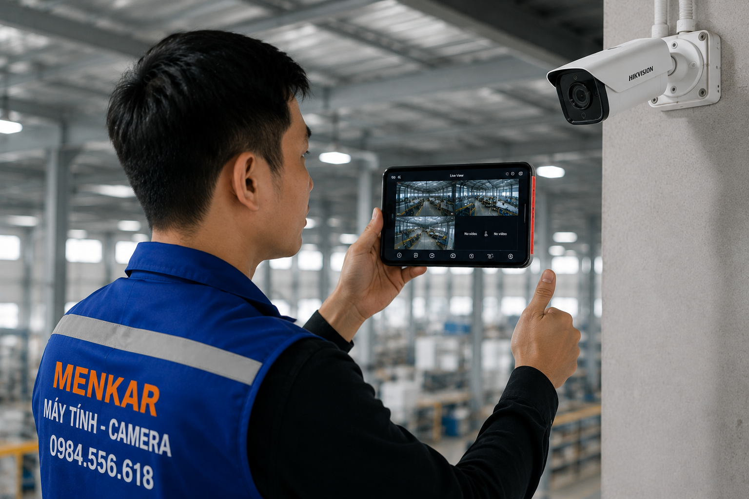 nhân viên kiểm tra camera và thử kết nối sau khi lắp