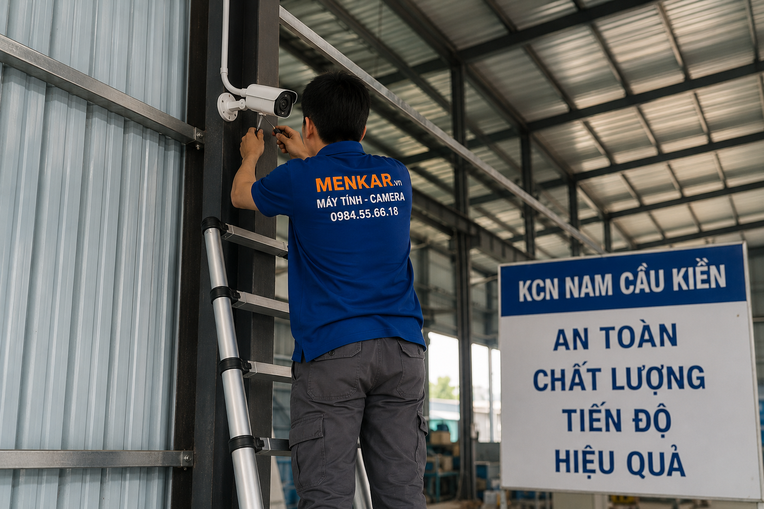 Kỹ thuật viên thực hiện quy trình lắp camera KCN Nam Cầu Kiền tại nhà xưởng