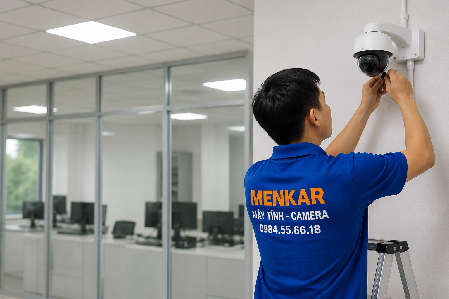 nhân viên kiểm tra camera và chỉnh sau khi lắp