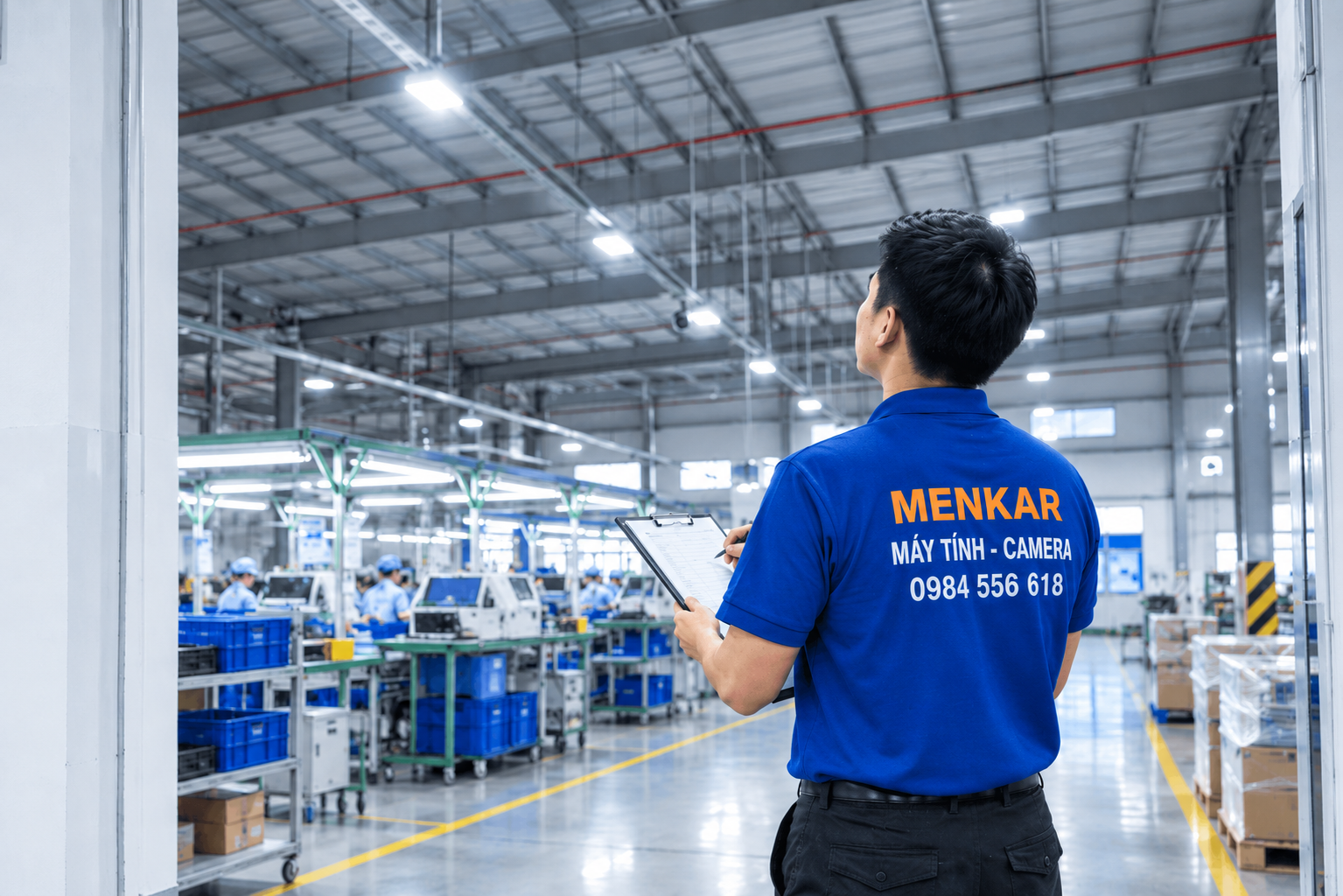 nhân viên khảo sát khu nhà xưởng