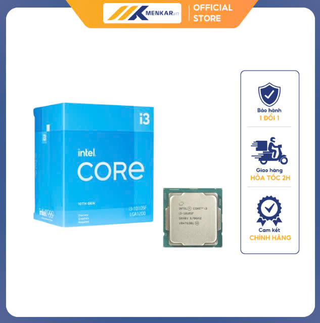 Bộ xử lý Intel® Core™ i3-10105F (Box Hãng): 3.7Ghz,6MB, 4 Core, 8 Thread, Non GPU, SK1200 Comet Lake, Dùng thêm VGA rời