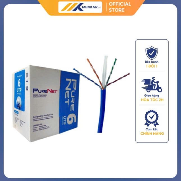 Dây cáp mạng PURENET CAT6,24AWG,lõi đồng đặc, 4 đôi,vỏ PVC,CMX,màu xanh
